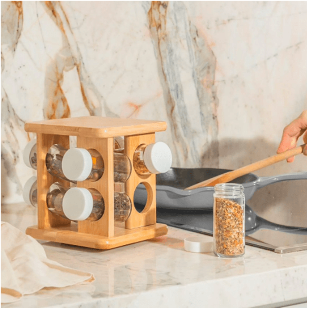 Porta Temperos Giratório Keep Bambu 18X18cm 9 Peças - Ou